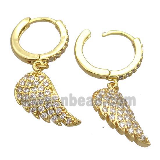 copper Hoop Earrings pave zircon with angelwings, gold plated