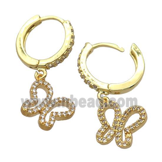copper Hoop Earrings pave zircon with butterfly, gold plated