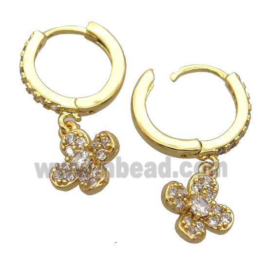 copper Hoop Earrings pave zircon with clover, gold plated