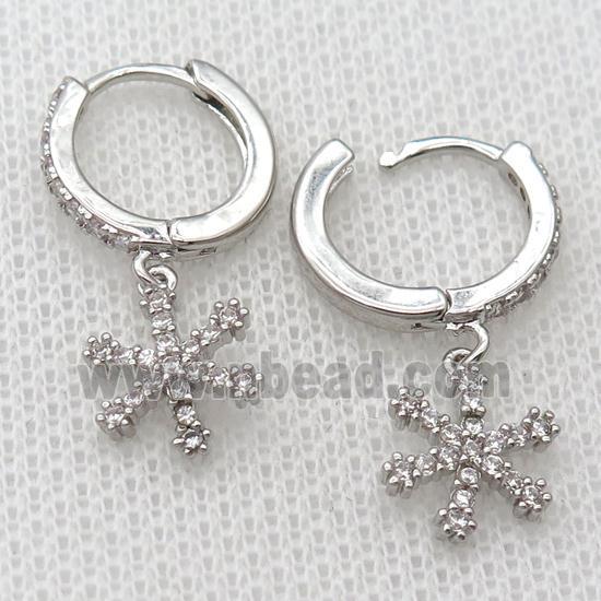 copper Hoop Earrings pave zircon with snowflake, platinum plated