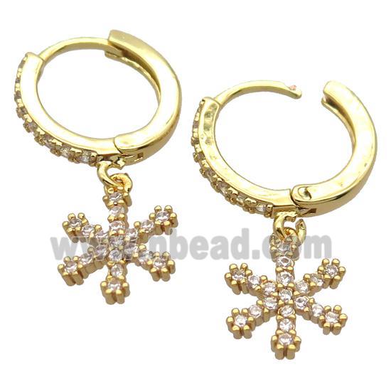 copper Hoop Earrings pave zircon with snowflake, gold plated