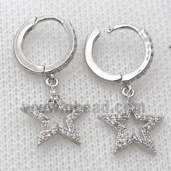 copper Hoop Earrings pave zircon with star, platinum plated