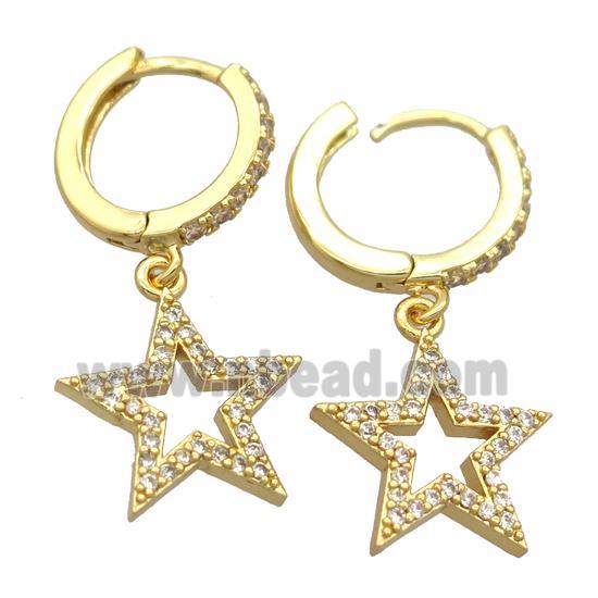 copper Hoop Earrings pave zircon with star, gold plated