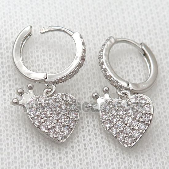 copper Hoop Earrings pave zircon with heart, platinum plated