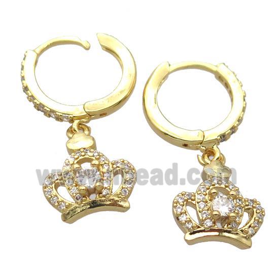 copper Hoop Earrings pave zircon with crown, gold plated