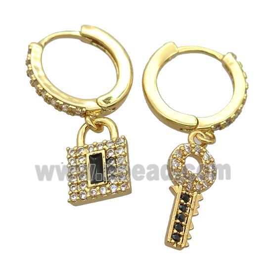 copper Hoop Earrings pave zircon with keyLock, gold plated