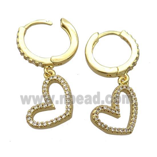 copper Hoop Earrings pave zircon with heart, gold plated