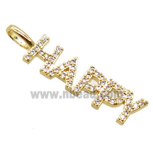 copper HAPPY pendant pave zircon, letter, gold plated