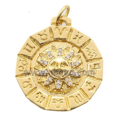 copper circle Pendant paved zircon, Zodiac, gold plated