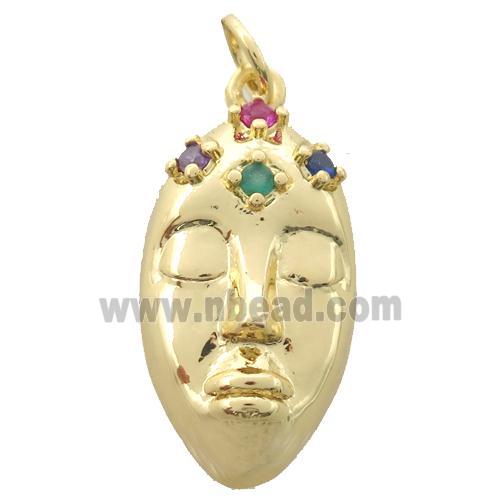 copper facemask pendant pave zircon, gold plated