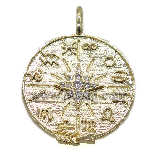 copper circle pendant pave zircon, compass, gold plated