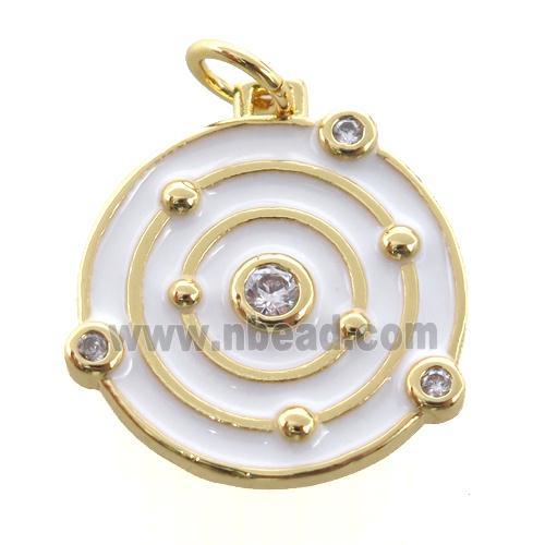 copper circle pendant pave zircon, enamel, planet, gold plated