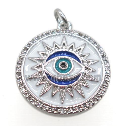 copper circle pendant pave zircon, enamel, eye, platinum plated