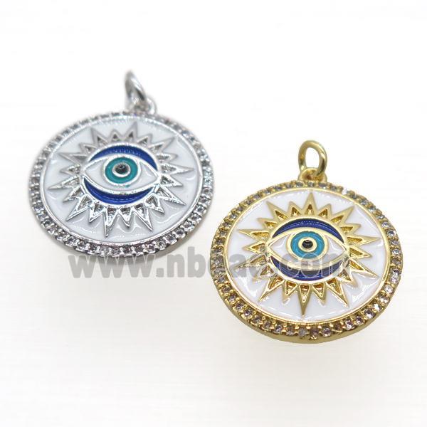 copper circle pendant pave zircon, enamel, eye, mix