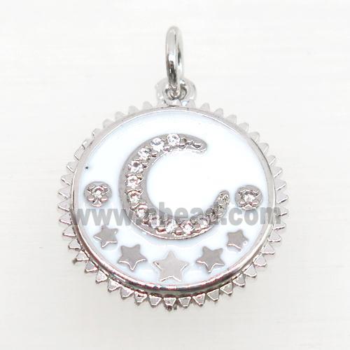 copper circle pendant pave zircon, white enamel, moon, platinum plated
