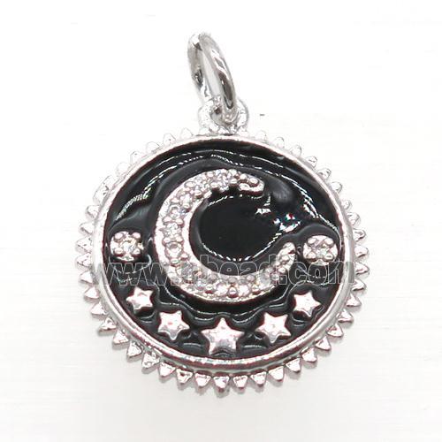 copper circle pendant pave zircon, black enamel, moon, platinum plated
