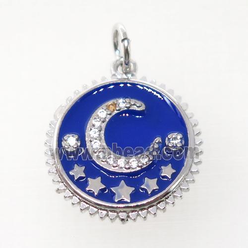 copper circle pendant pave zircon, blue enamel, moon, platinum plated