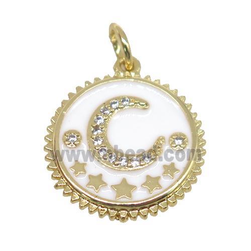 copper circle pendant pave zircon, white enamel, moon, gold plated