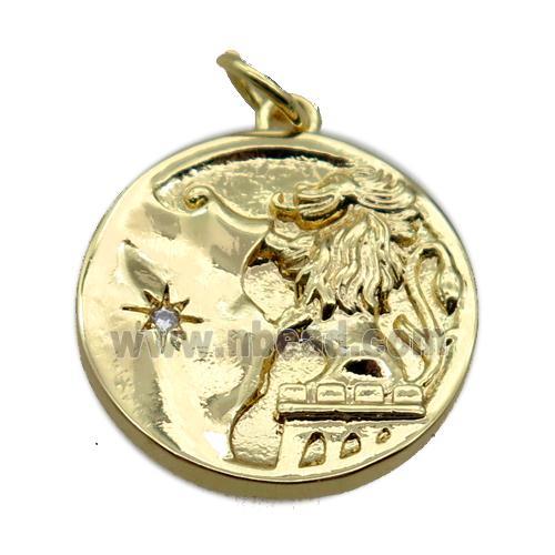 copper circle pendant pave zircon, dragon, gold plated
