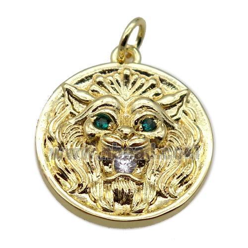 copper circle pendant pave zircon, dragon, gold plated