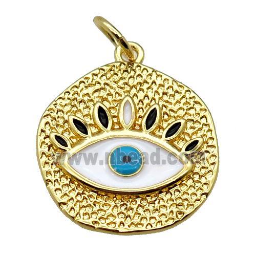 copper circle pendant with enamel evil eye, gold plated