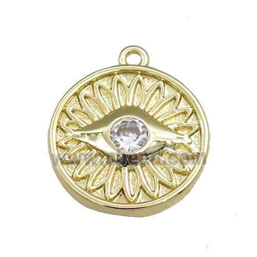 copper circle pendant pave zircon, eye, gold plated