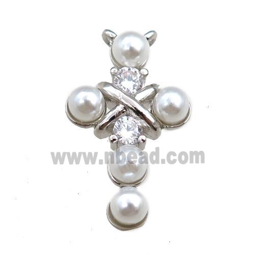 copper cross pendant pave zircon with pearlized plastic, platinum plated