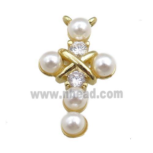 copper cross pendant pave zircon with pearlized plastic, gold plated