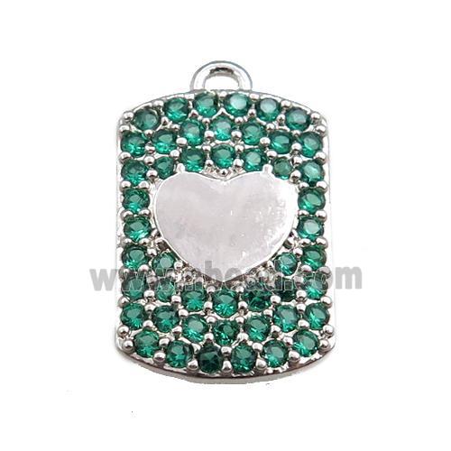 copper rectangle pendant pave green zircon, heart, platinum plated