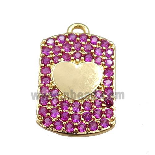 copper rectangle pendant pave hotpink zircon, heart, gold plated