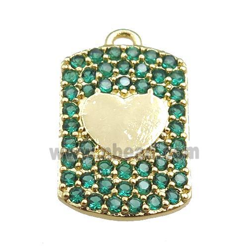 copper rectangle pendant pave green zircon, heart, gold plated