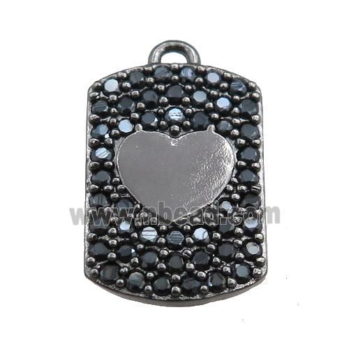 copper rectangle pendant pave black zircon, heart, black plated