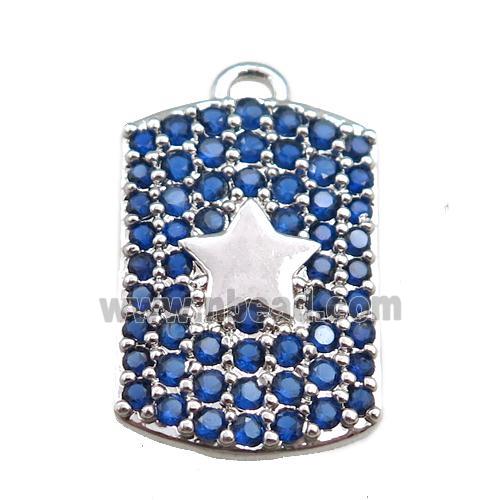 copper rectangle pendant pave blue zircon, star, platinum plated