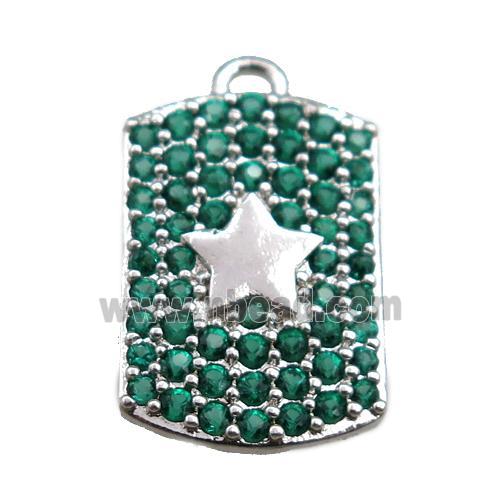 copper rectangle pendant pave green zircon, star, platinum plated