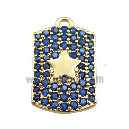 copper rectangle pendant pave blue zircon, star, gold plated