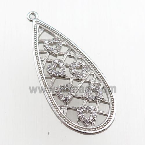 copper teardrop pendant pave zircon, heart, platinum plated