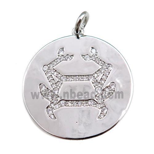 copper circle pendant pave zircon, zodiac Cancer, platinum plated