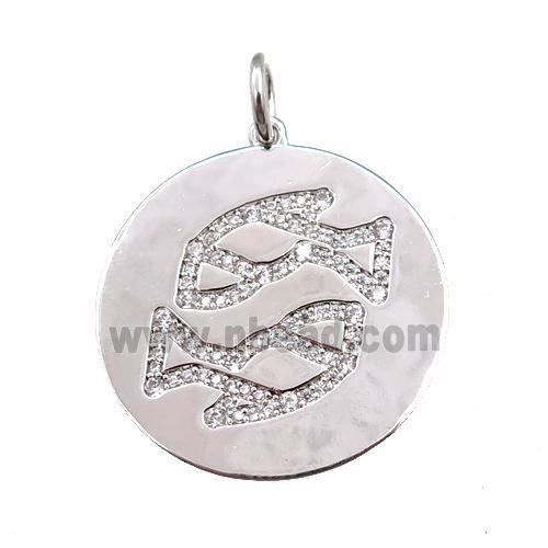 copper circle pendant pave zircon, zodiac Pisces, platinum plated