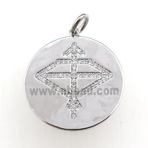 copper circle pendant pave zircon, zodiac Sagittarius, platinum plated