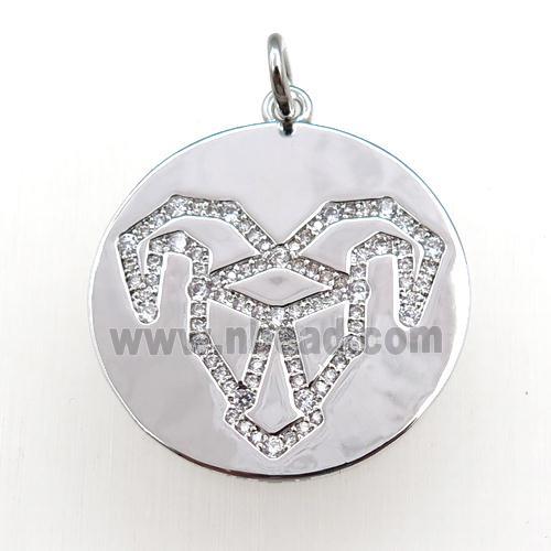 copper circle pendant pave zircon, zodiac Aries, platinum plated