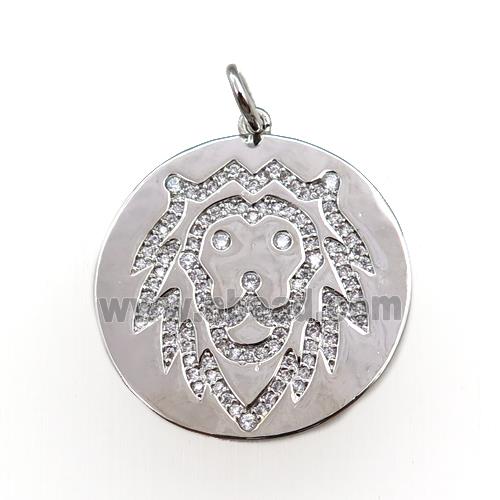 copper circle pendant pave zircon, zodiac Leo, platinum plated