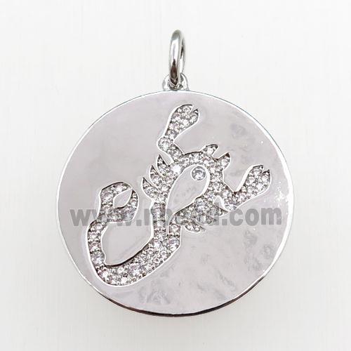 copper circle pendant pave zircon, zodiac Scorpio, platinum plated