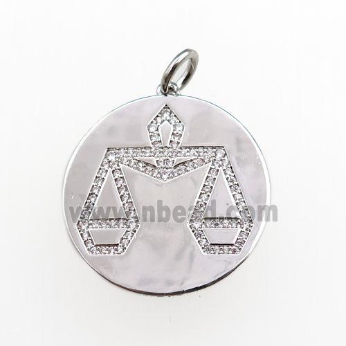 copper circle pendant pave zircon, zodiac Libra, platinum plated