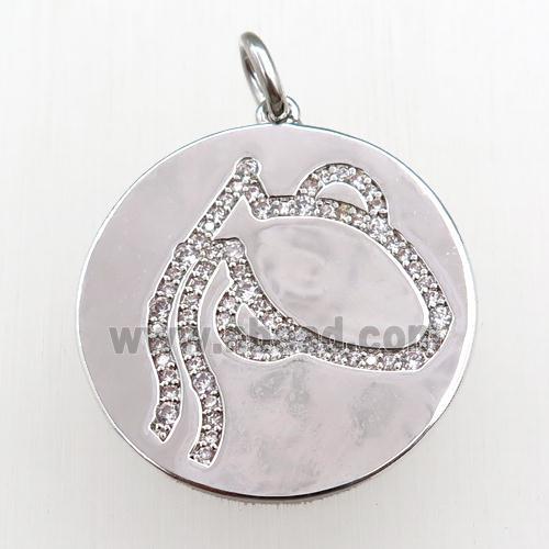 copper circle pendant pave zircon, zodiac Aquarius, platinum plated
