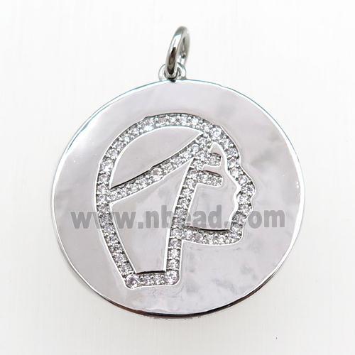 copper circle pendant pave zircon, zodiac Virgo, platinum plated