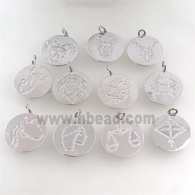 copper circle pendant pave zircon, mixed zodiac, platinum plated