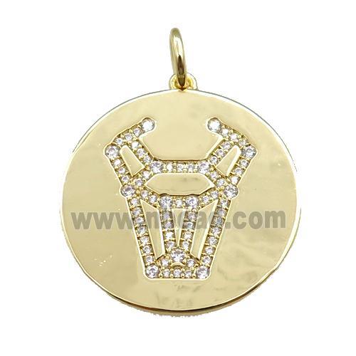 copper circle pendant pave zircon, zodiac Taurus, gold plated