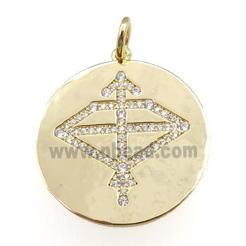 copper circle pendant pave zircon, zodiac Sagittarius, gold plated