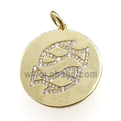 copper circle pendant pave zircon, zodiac Pisces, gold plated