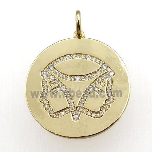 copper circle pendant pave zircon, zodiac Gemini, gold plated